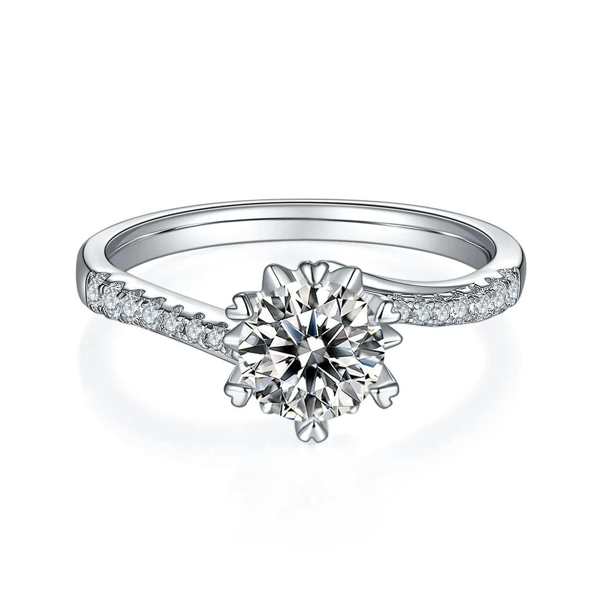 Round moissanite six-prong twisted band ring in silver, 1 carat center stone.