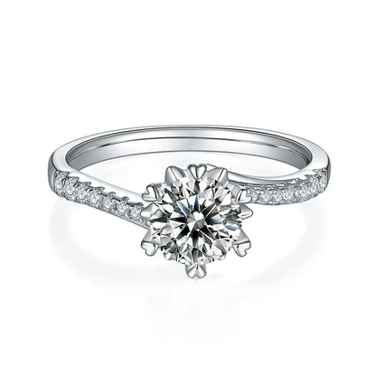 Round moissanite six-prong twisted band ring in silver, 1 carat center stone.