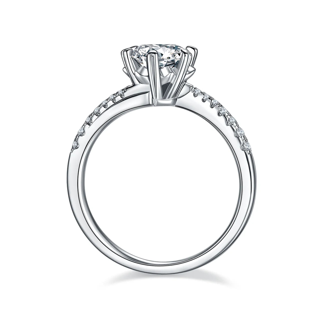 Round moissanite six-prong twisted band ring in silver, 1 carat center stone.