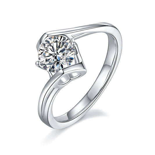 Angel wing twist moissanite ring, 1 carat center stone, sterling silver with white gold plating.