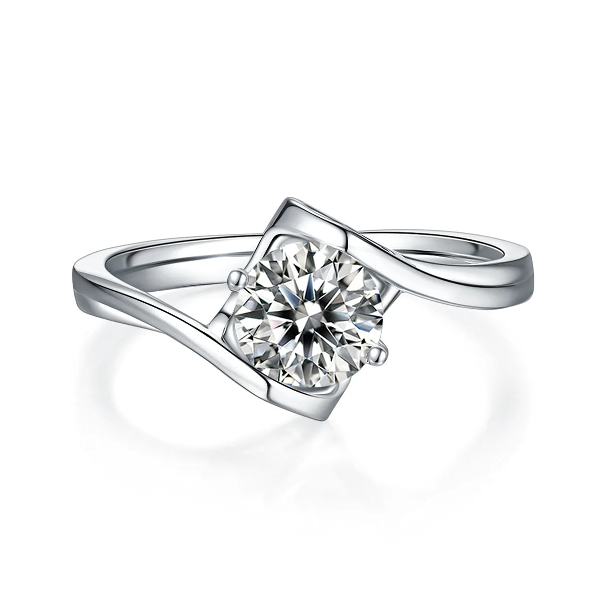 Angel wing twist moissanite ring, 1 carat center stone, sterling silver with white gold plating.