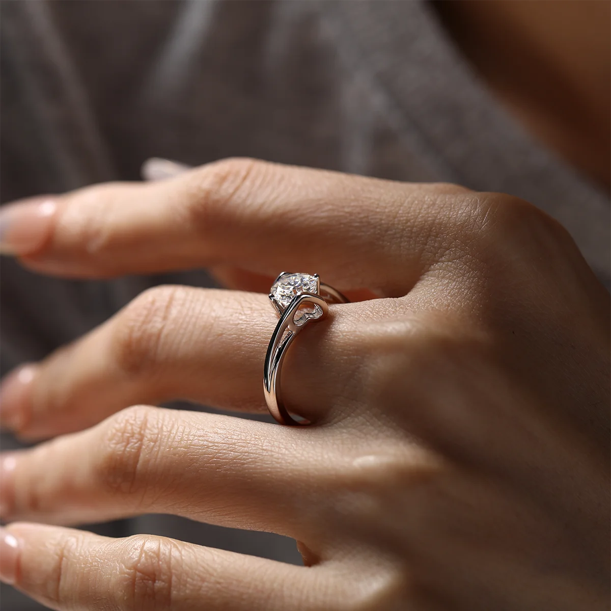 Angel wing twist moissanite ring, 1 carat center stone, sterling silver with white gold plating