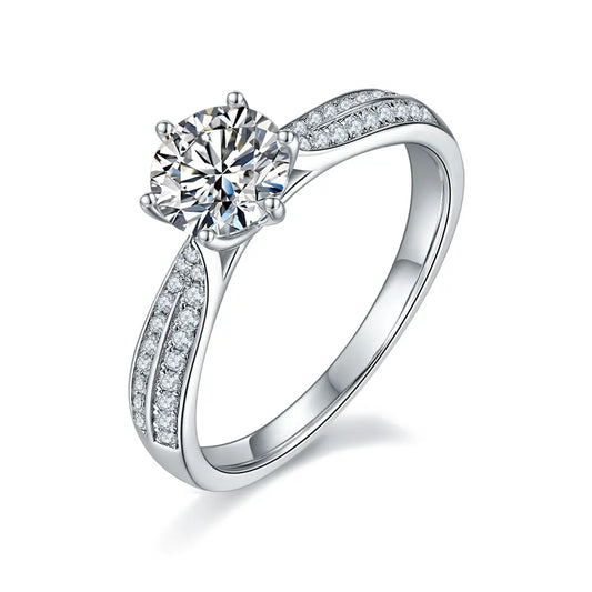 Round moissanite double pave ring, 1 carat center stone, sterling silver with white gold plating.