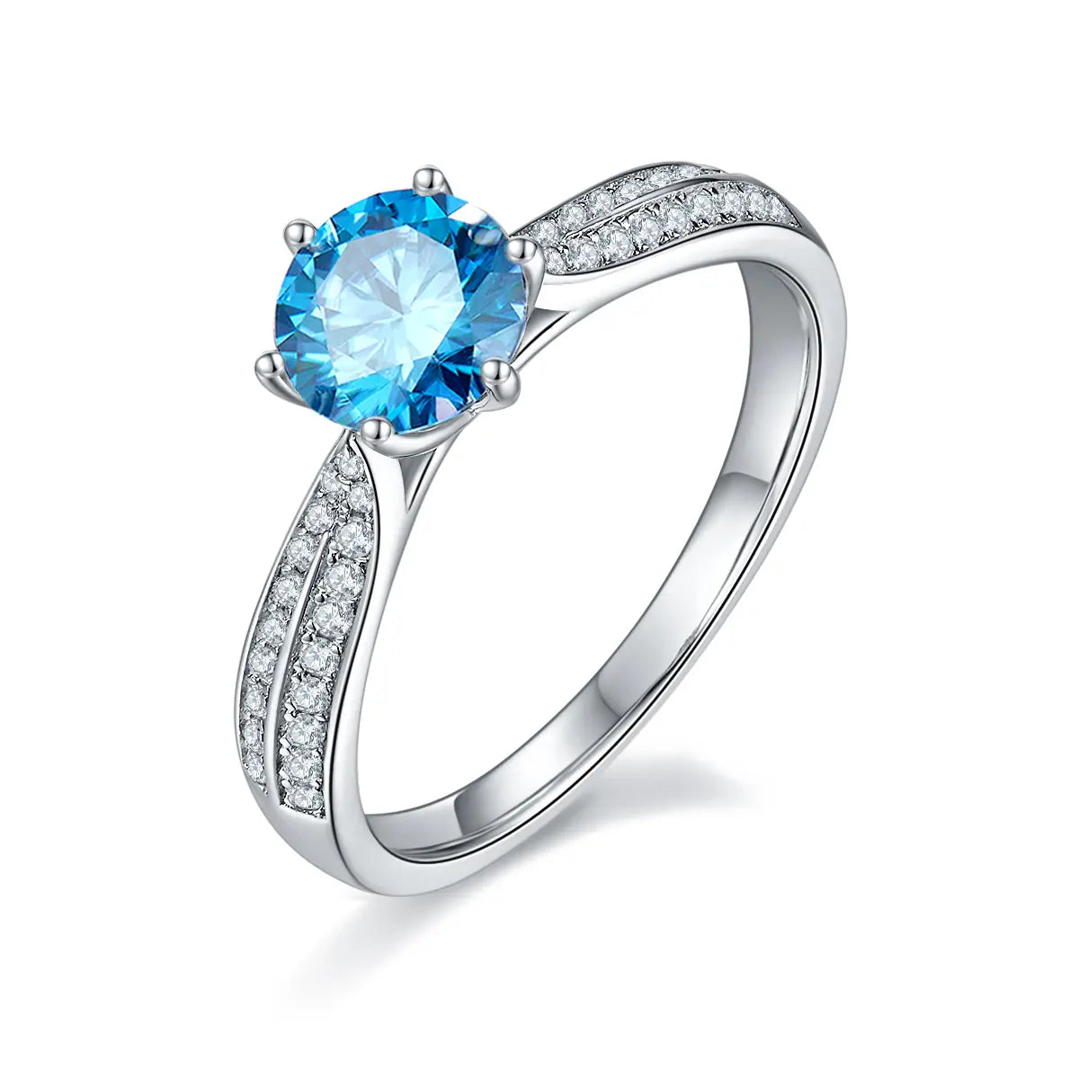 Round moissanite double pave ring, 1 carat center stone, sterling silver with white gold plating.