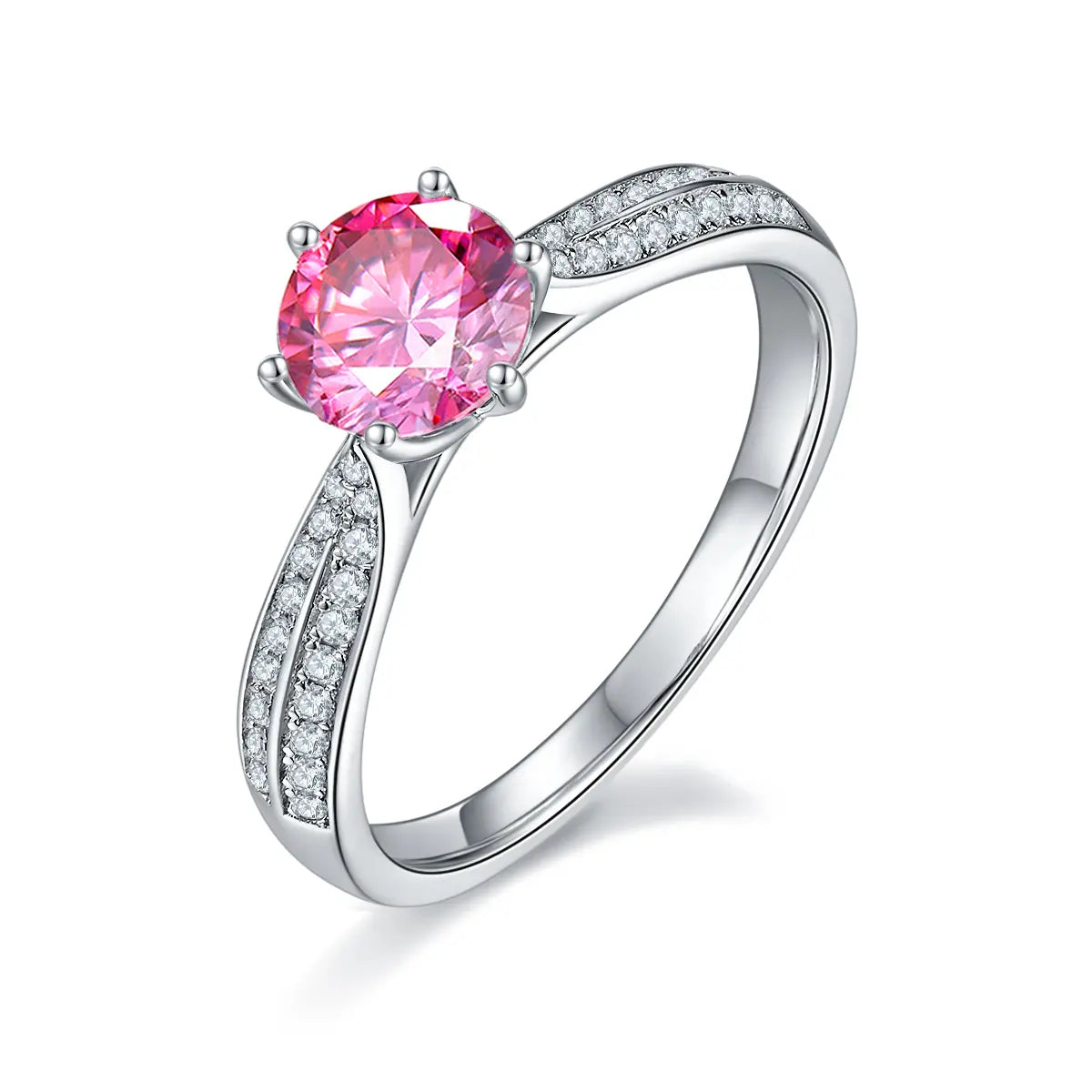 Round moissanite double pave ring, 1 carat center stone, sterling silver with white gold plating.