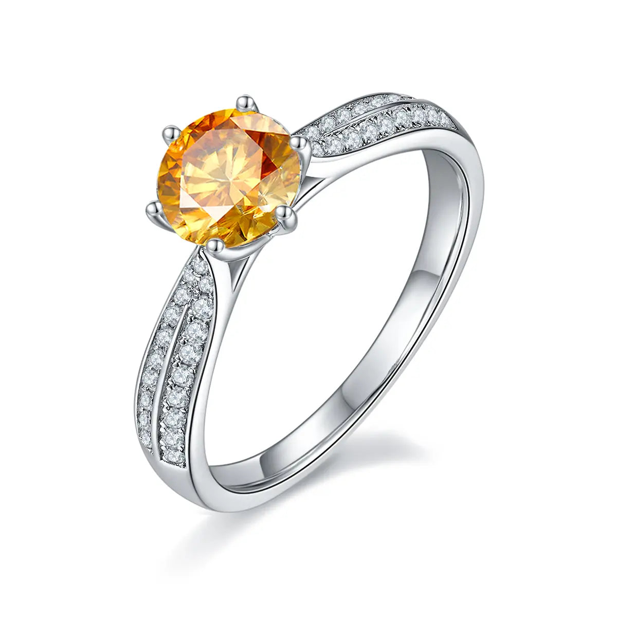 Round moissanite double pave ring, 1 carat center stone, sterling silver with white gold plating.