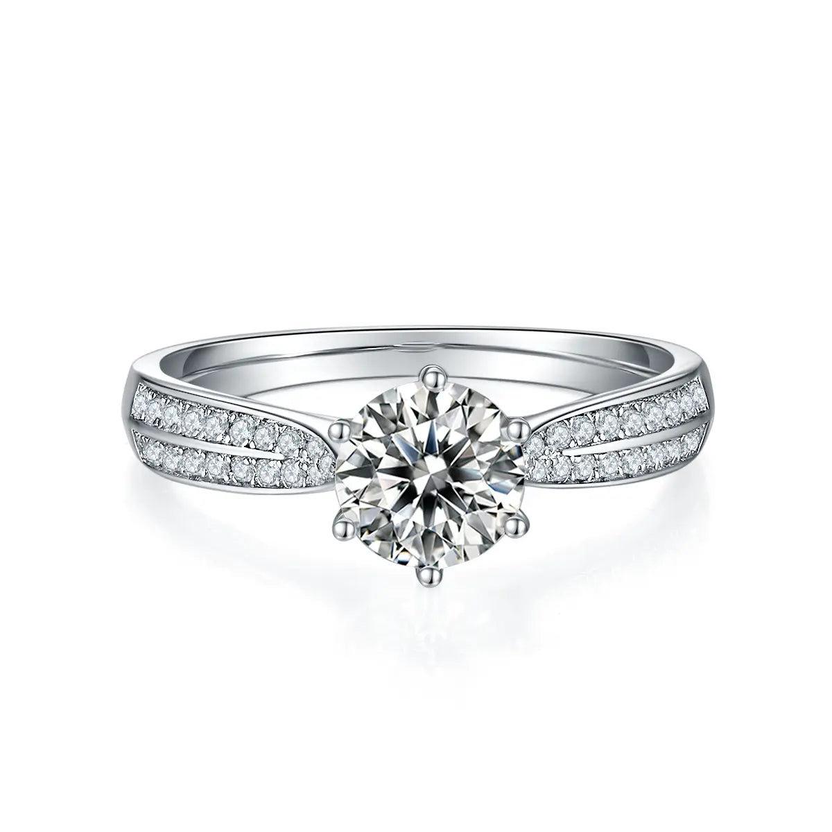 Round moissanite double pave ring, 1 carat center stone, sterling silver with white gold plating.