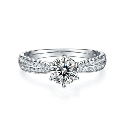 Round moissanite double pave ring, 1 carat center stone, sterling silver with white gold plating.