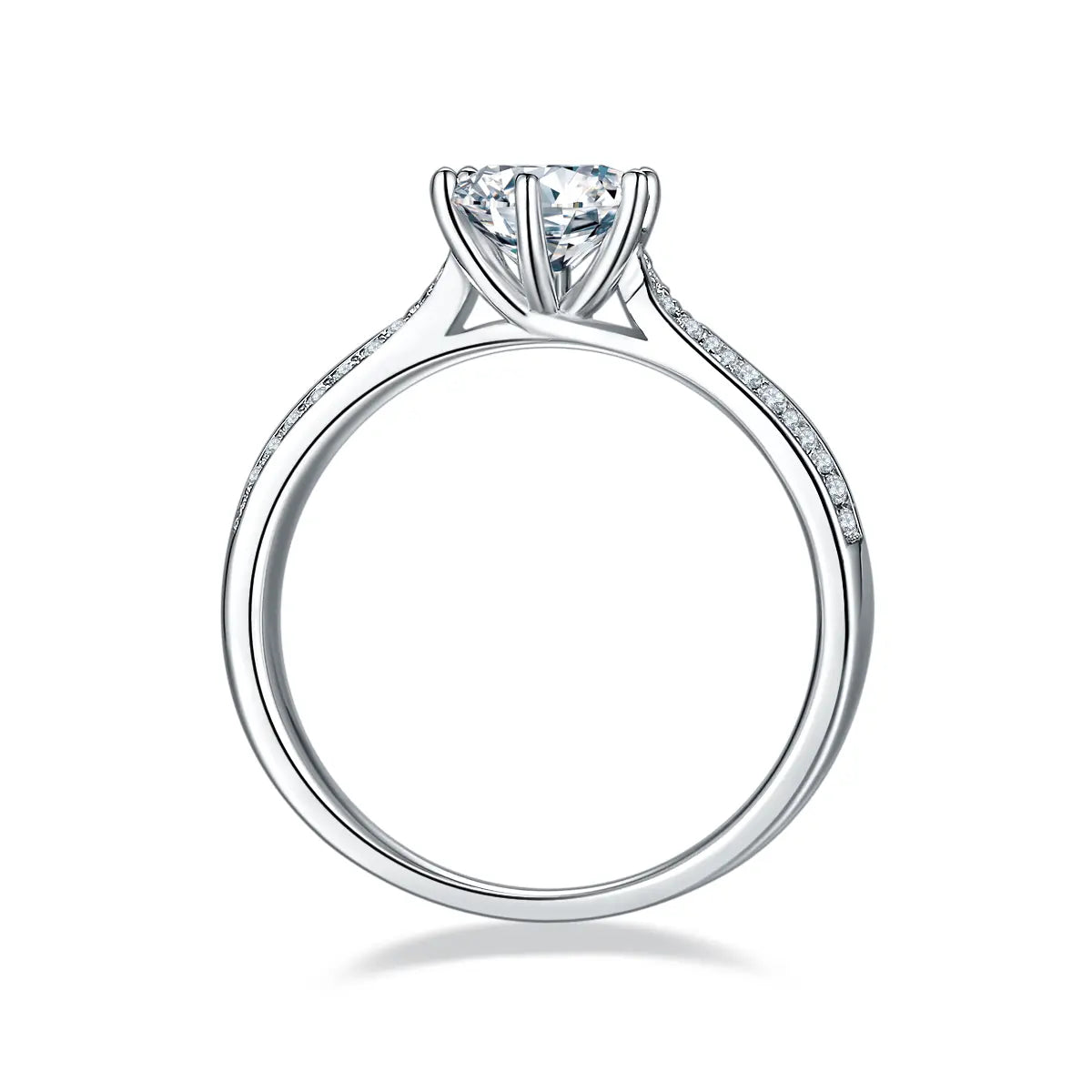 Round moissanite double pave ring, 1 carat center stone, sterling silver with white gold plating.