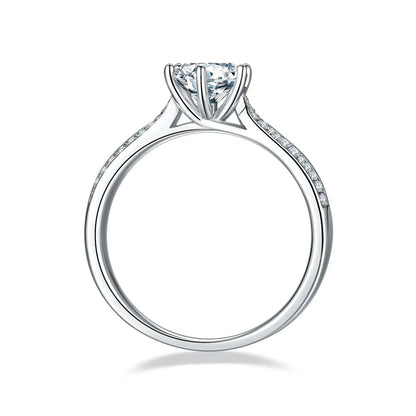 Round moissanite double pave ring, 1 carat center stone, sterling silver with white gold plating.