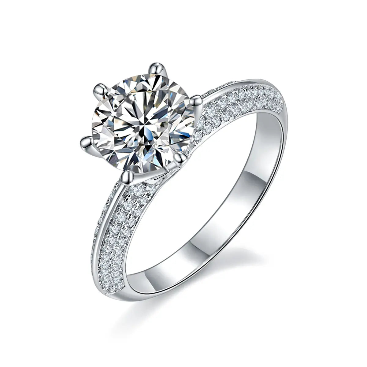 2ct round moissanite pave ring, sterling silver with white gold plating, elegant double-row design.