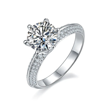2ct round moissanite pave ring, sterling silver with white gold plating, elegant double-row design.