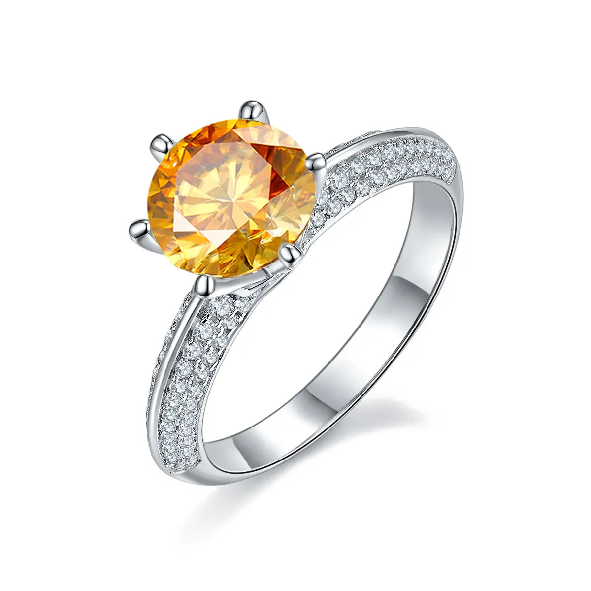 2ct round moissanite pave ring, sterling silver with white gold plating, elegant double-row design.