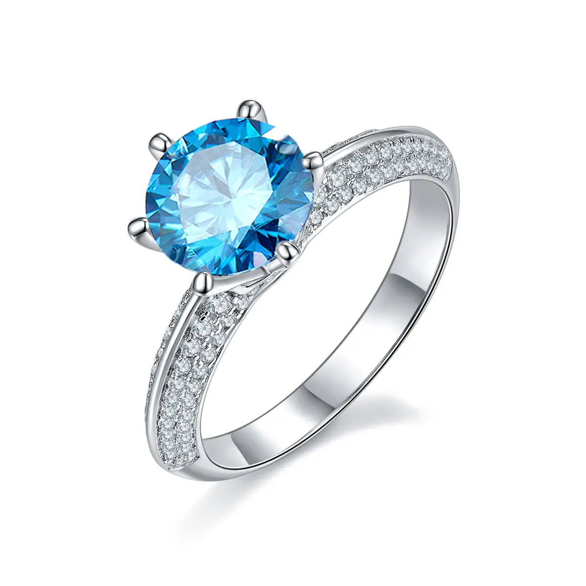 2ct round moissanite pave ring, sterling silver with white gold plating, elegant double-row design.