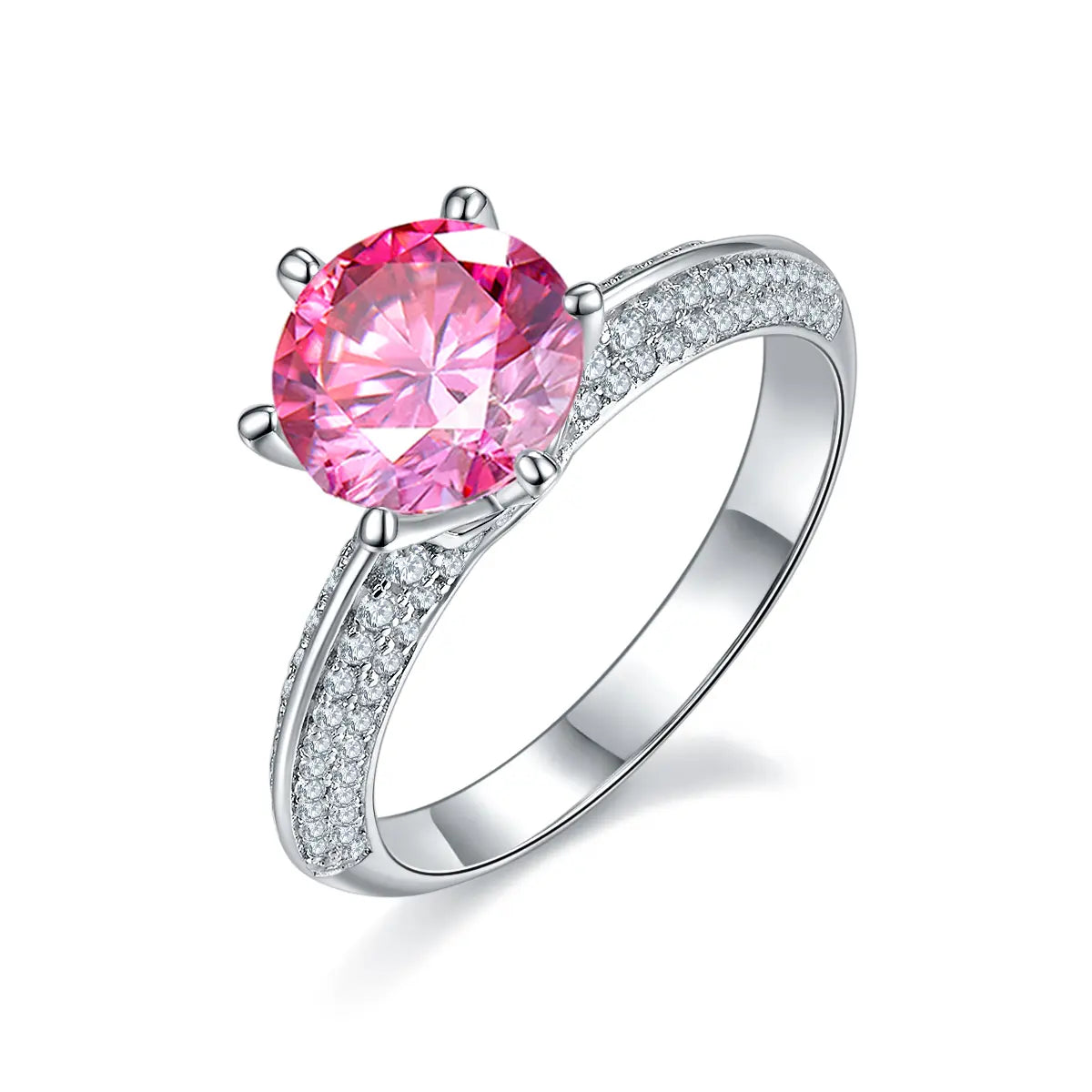 2ct round moissanite pave ring, sterling silver with white gold plating, elegant double-row design.