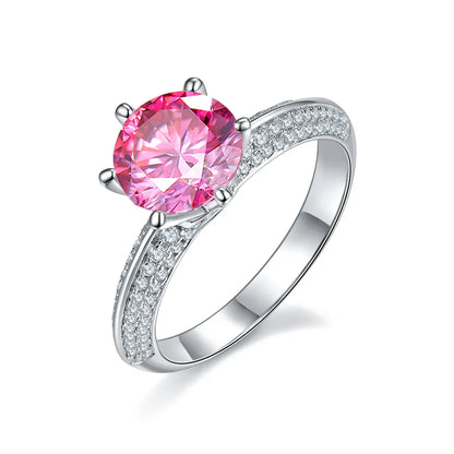 2ct round moissanite pave ring, sterling silver with white gold plating, elegant double-row design.