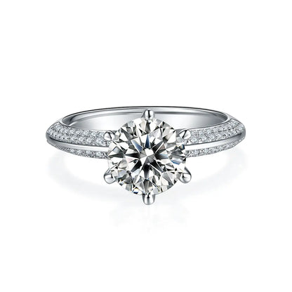 2ct round moissanite pave ring, sterling silver with white gold plating, elegant double-row design.