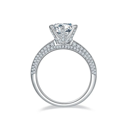 2ct round moissanite pave ring, sterling silver with white gold plating, elegant double-row design.