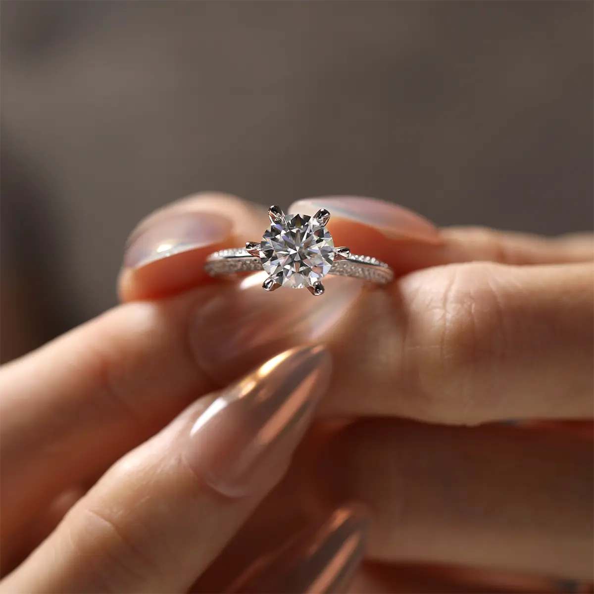 2ct round moissanite pave ring, sterling silver with white gold plating, elegant double-row design.