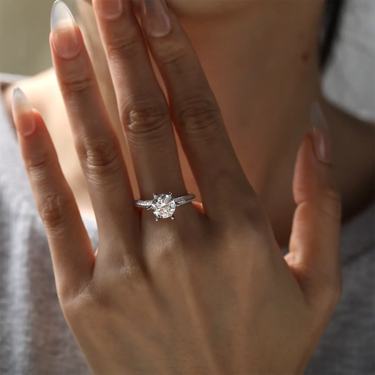 2ct round moissanite pave ring, sterling silver with white gold plating, elegant double-row design.