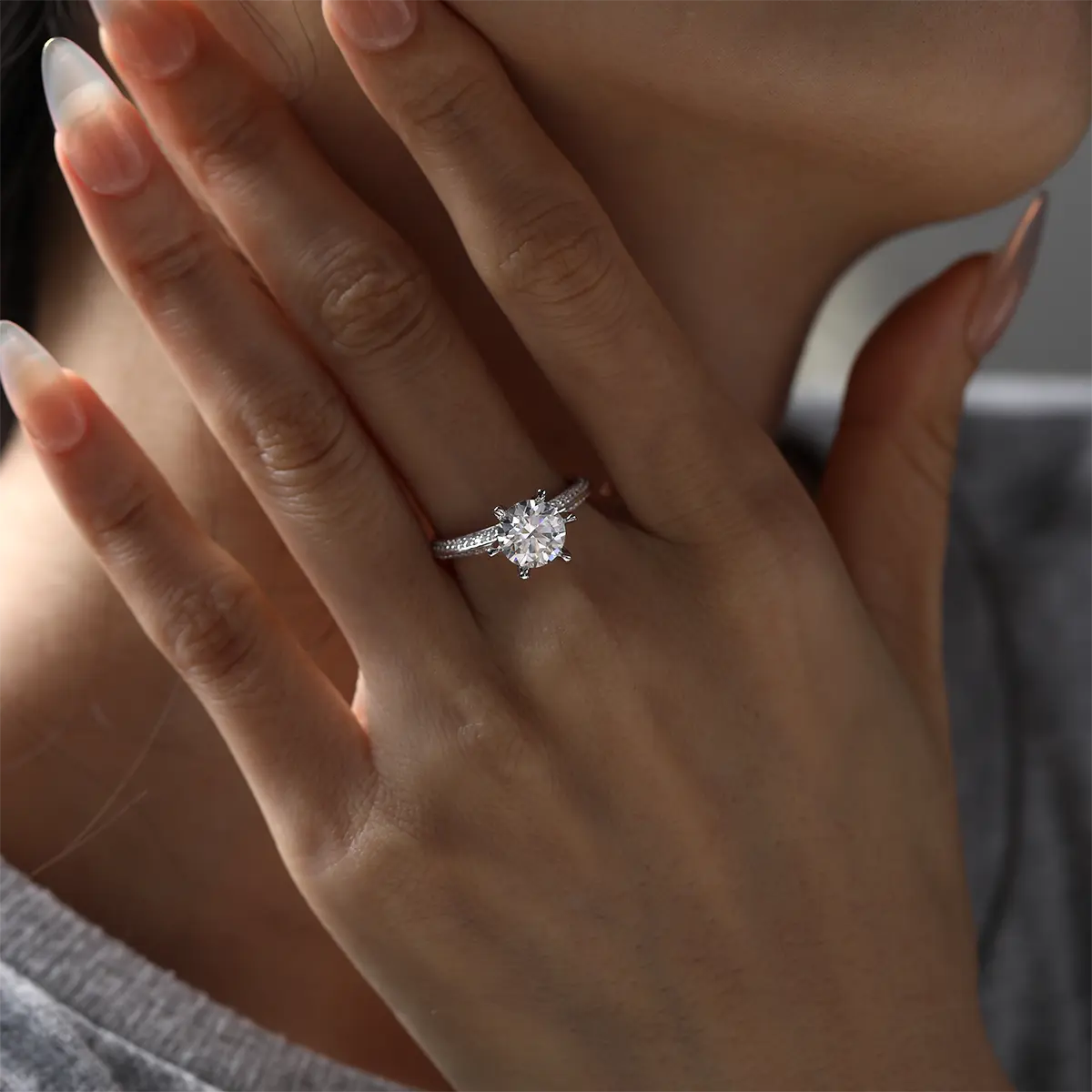 2ct round moissanite pave ring, sterling silver with white gold plating, elegant double-row design.