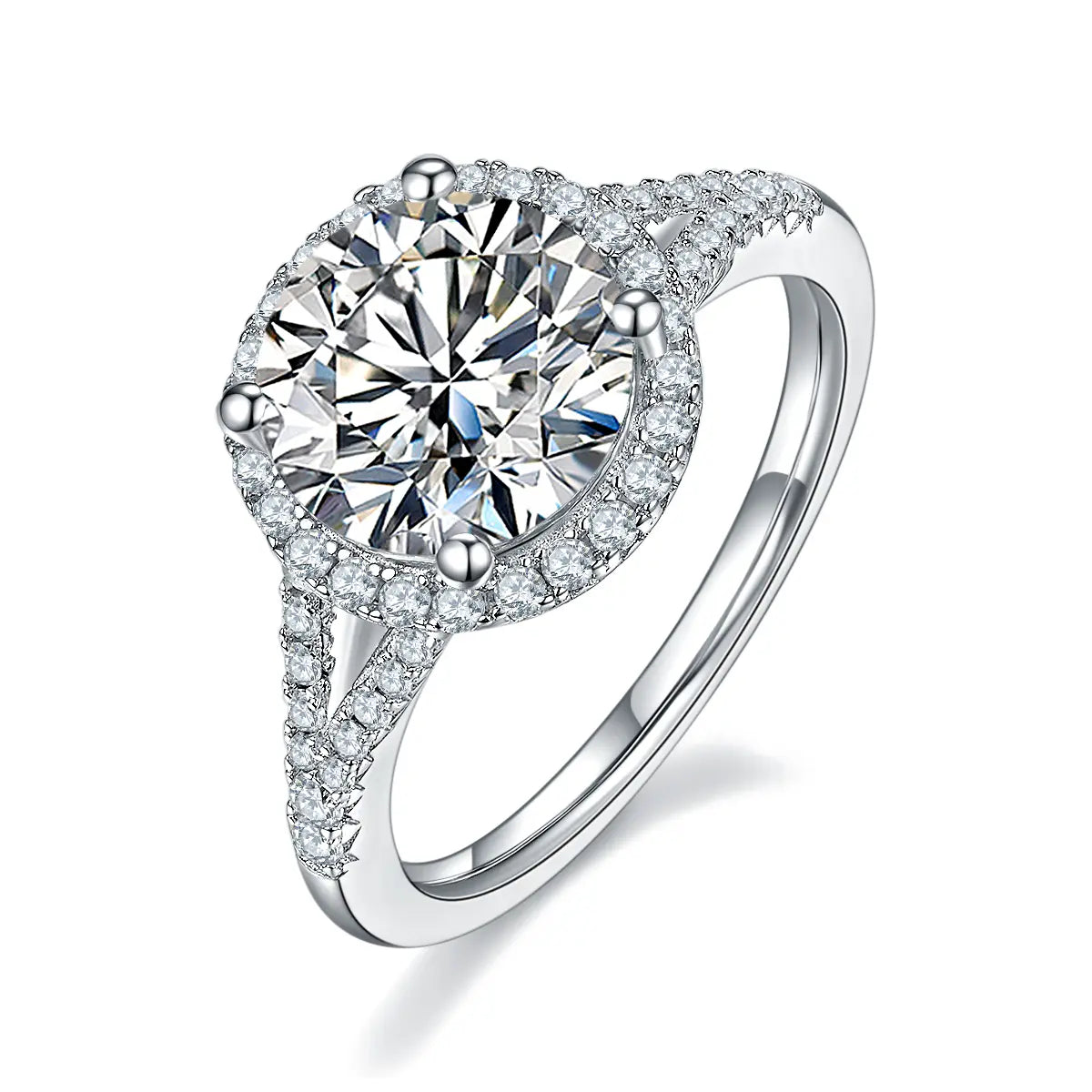 3ct round moissanite halo ring, split shank design, sterling silver with white gold plating.