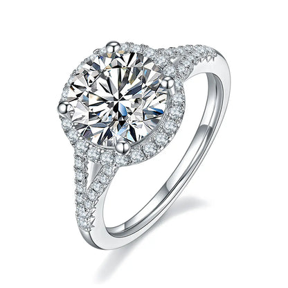 3ct round moissanite halo ring, split shank design, sterling silver with white gold plating.