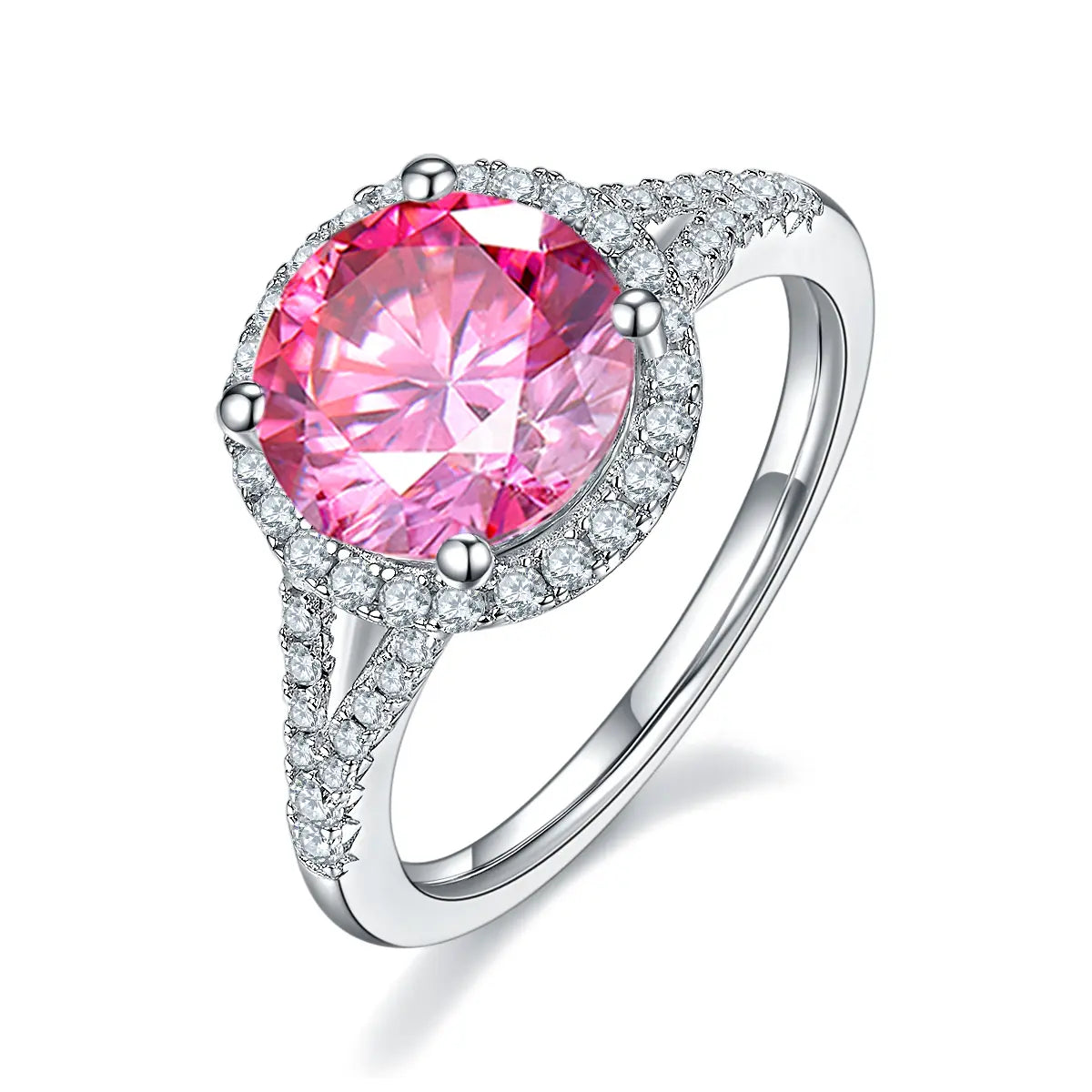 3ct round moissanite halo ring, split shank design, sterling silver with white gold plating.