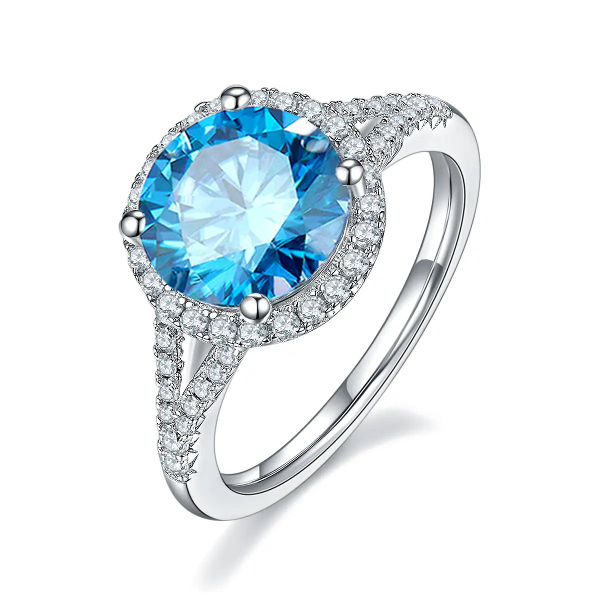 3ct round moissanite halo ring, split shank design, sterling silver with white gold plating.