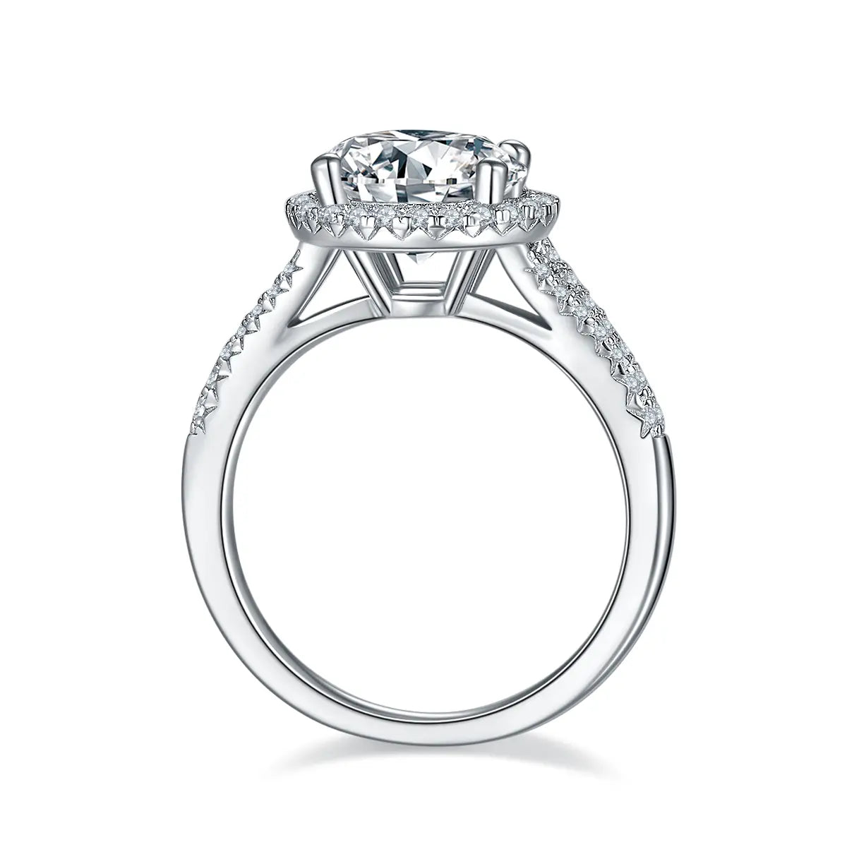 3ct round moissanite halo ring, split shank design, sterling silver with white gold plating.