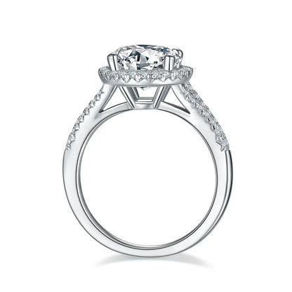 3ct round moissanite halo ring, split shank design, sterling silver with white gold plating.