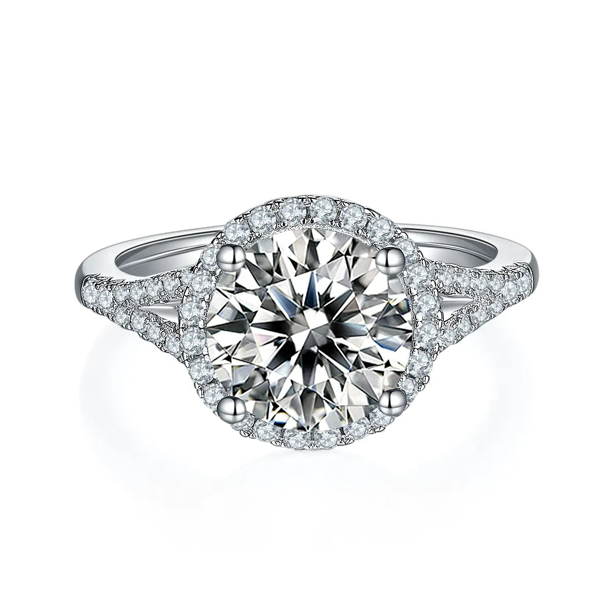 3ct round moissanite halo ring, split shank design, sterling silver with white gold plating.