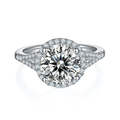 3ct round moissanite halo ring, split shank design, sterling silver with white gold plating.