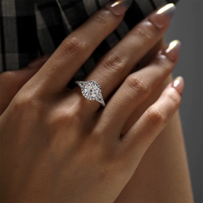 3ct round moissanite halo ring, split shank design, sterling silver with white gold plating.