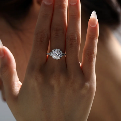 3ct round moissanite halo ring, split shank design, sterling silver with white gold plating.
