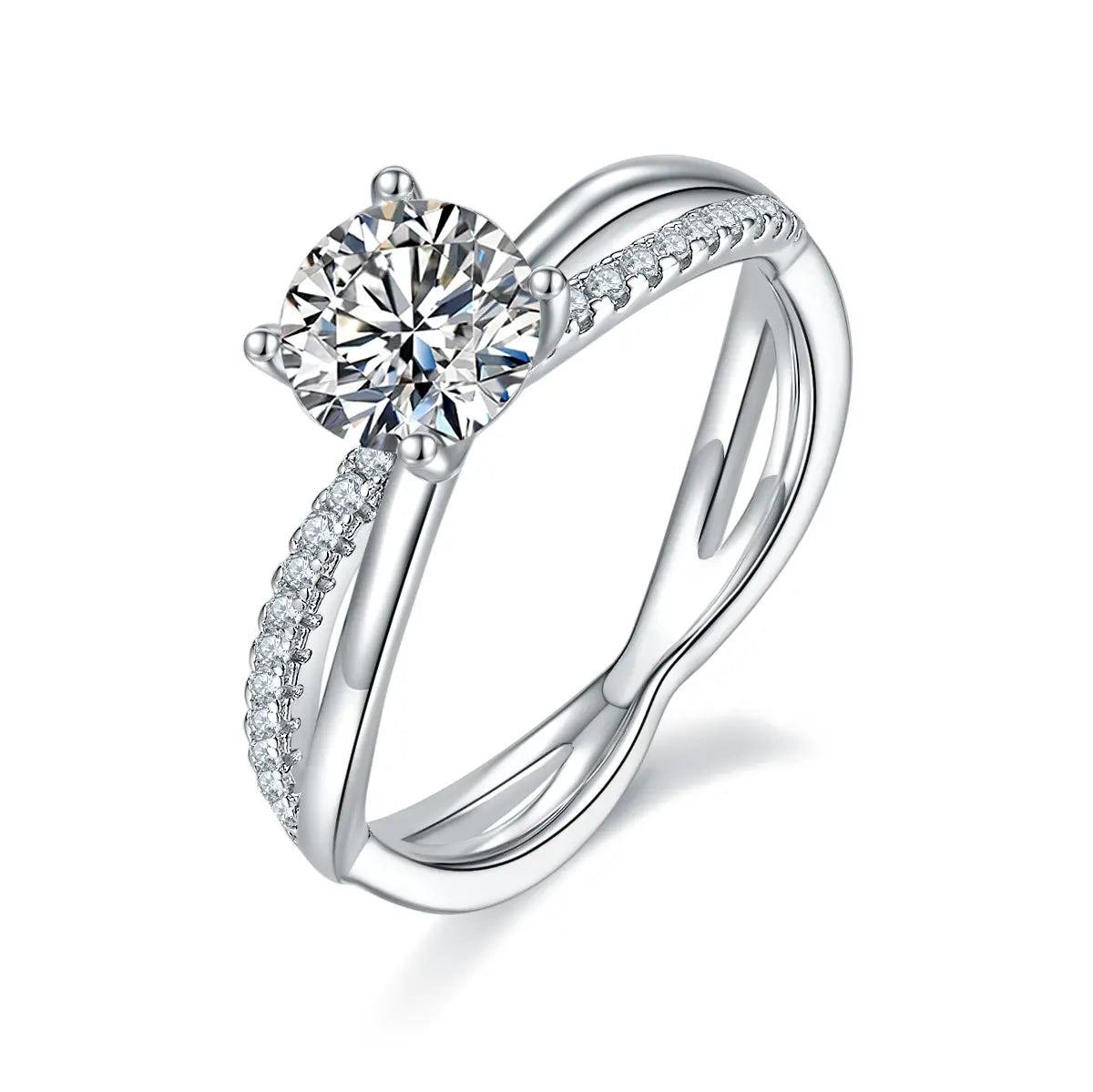 1ct round moissanite ring with cross shank design in 925 sterling silver, elegant and sparkling symbol of love.