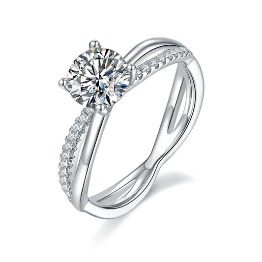 1ct round moissanite ring with cross shank design in 925 sterling silver, elegant and sparkling symbol of love.