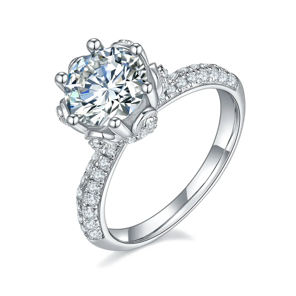 Elegant floral halo ring featuring a 2ct round moissanite and double side stones.
