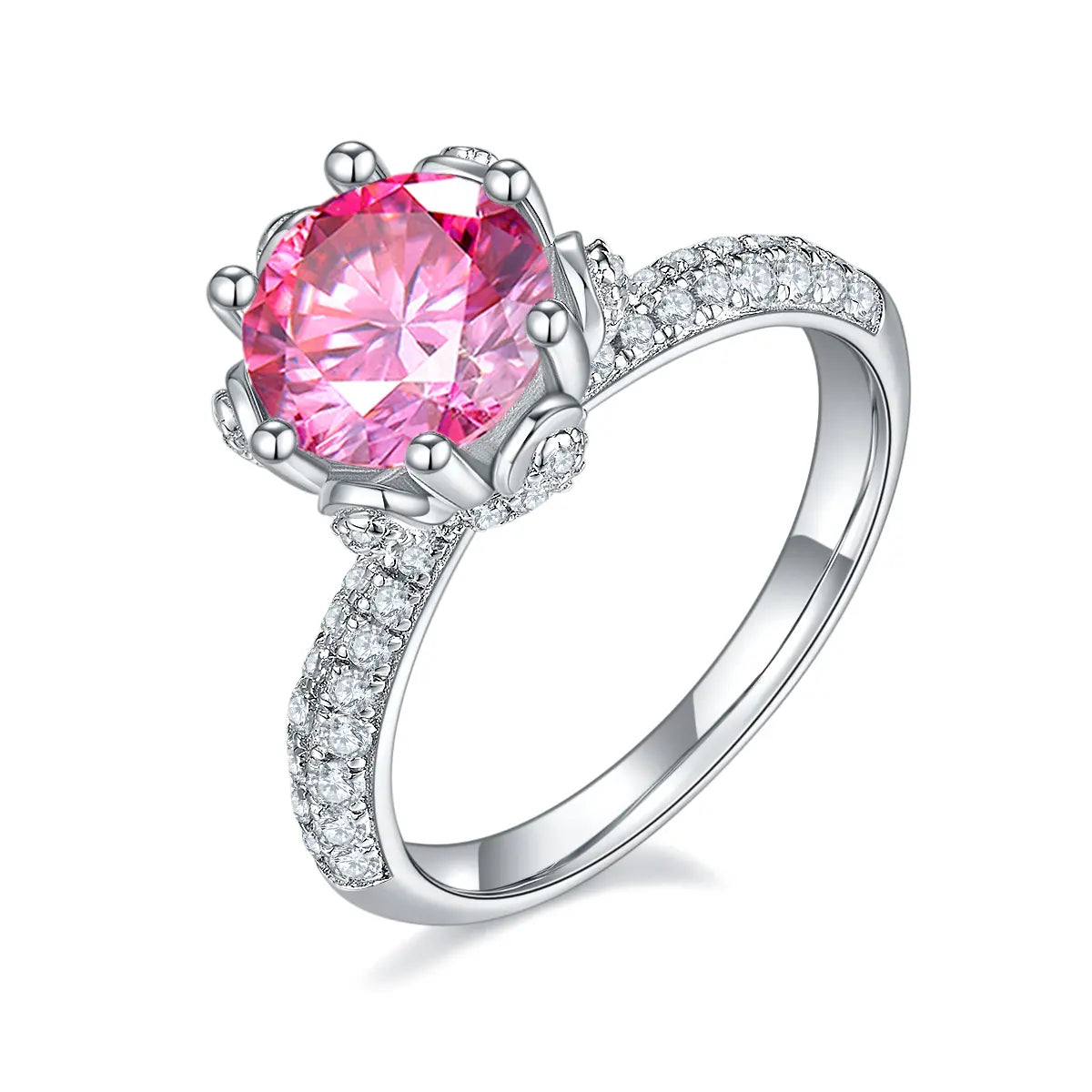 Elegant floral halo ring featuring a 2ct round moissanite and double side stones.