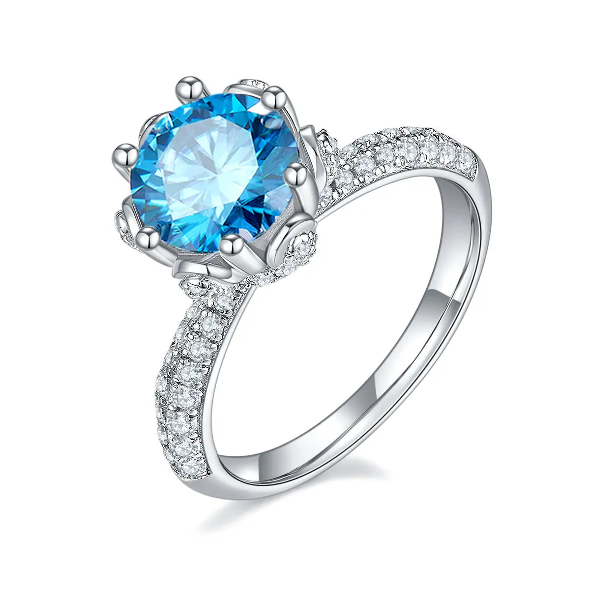 Elegant floral halo ring featuring a 2ct round moissanite and double side stones.