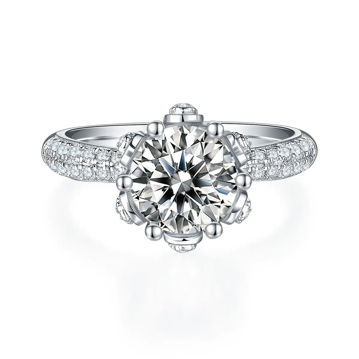 Elegant floral halo ring featuring a 2ct round moissanite and double side stones.