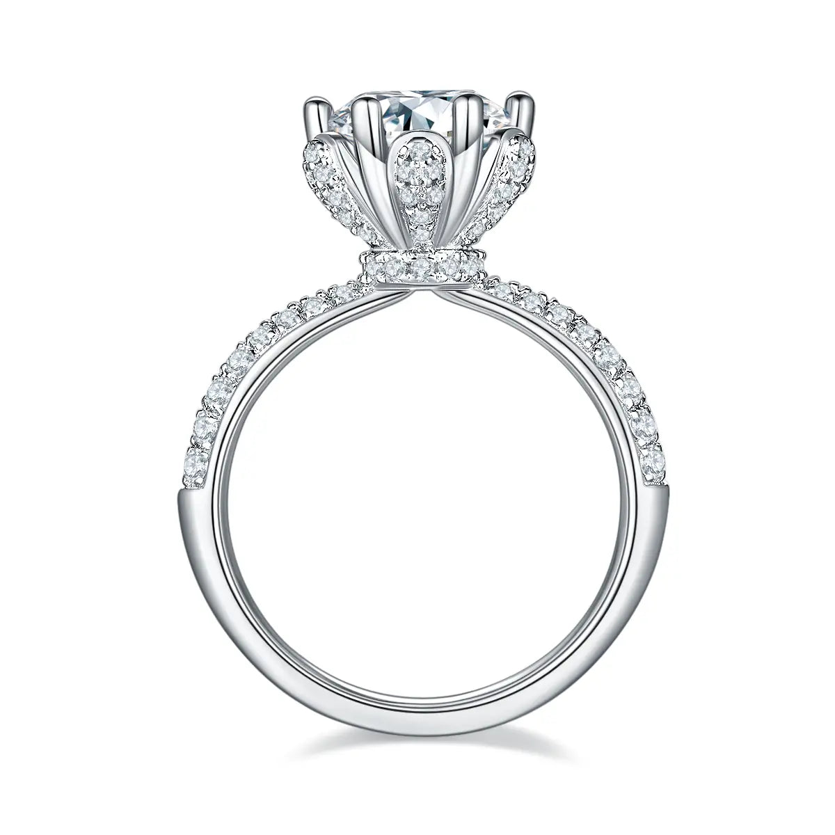 Elegant floral halo ring featuring a 2ct round moissanite and double side stones.