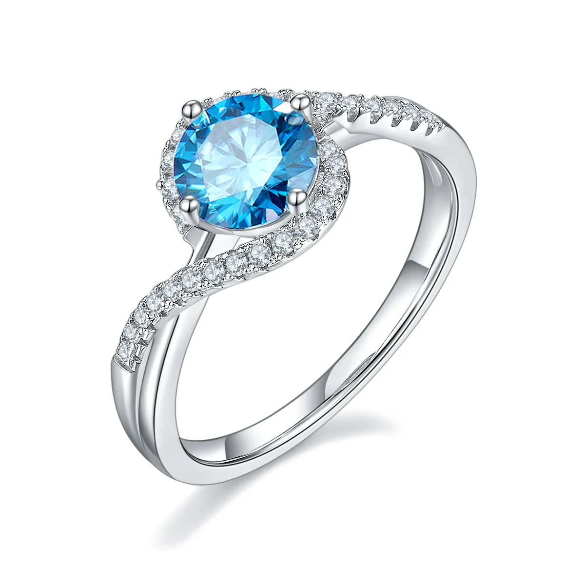 1ct round moissanite twisted band ring in 925 sterling silver with 18K white gold plating, elegant and modern engagement ring design.