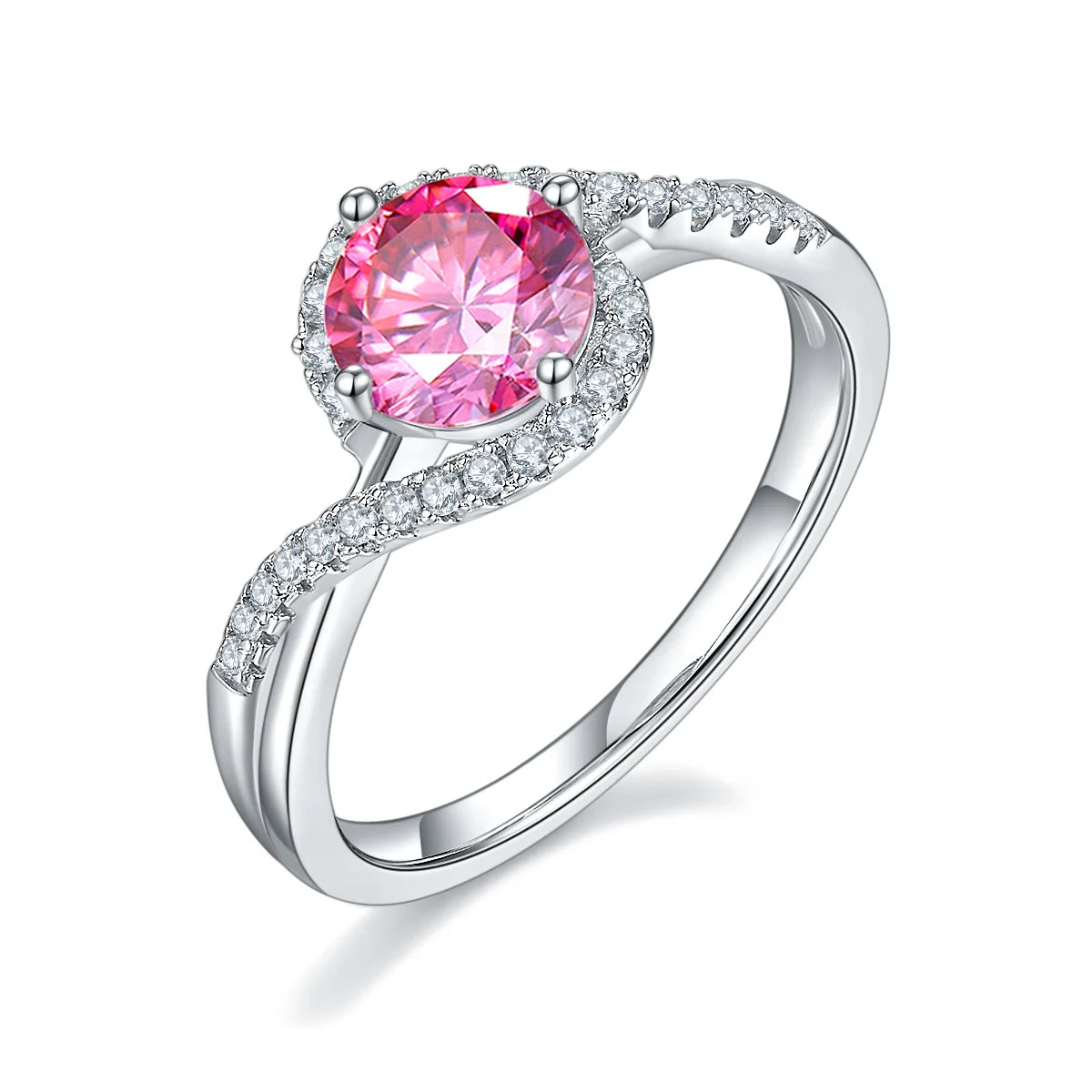 1ct round moissanite twisted band ring in 925 sterling silver with 18K white gold plating, elegant and modern engagement ring design.
