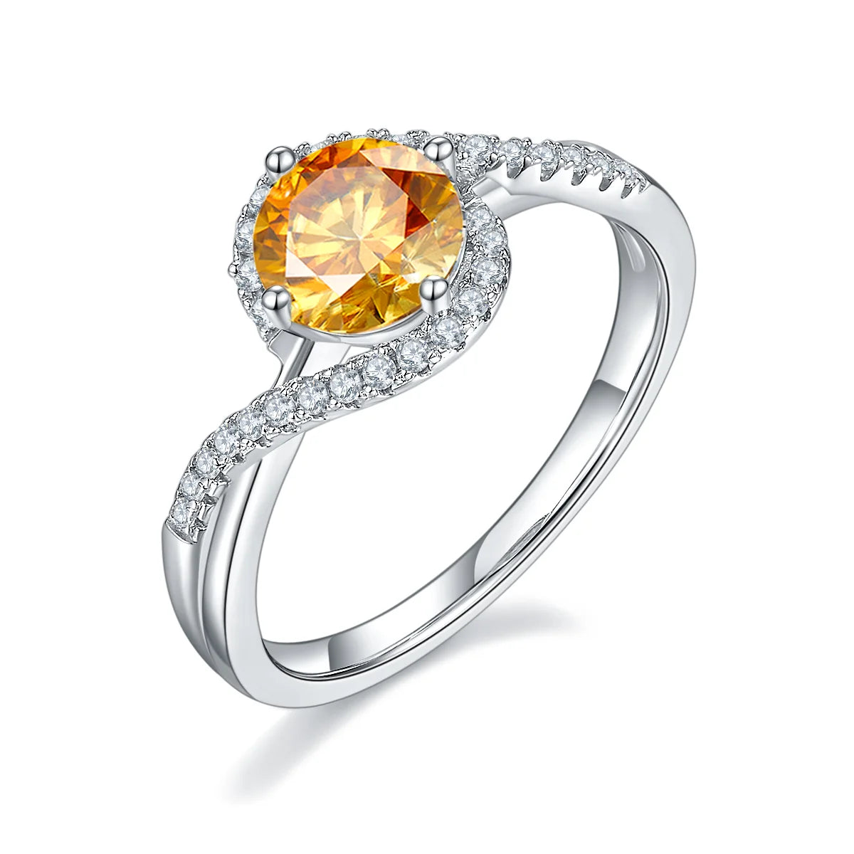 1ct round moissanite twisted band ring in 925 sterling silver with 18K white gold plating, elegant and modern engagement ring design.