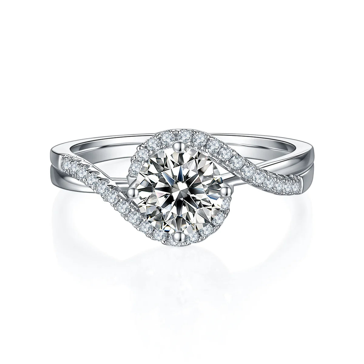 1ct round moissanite twisted band ring in 925 sterling silver with 18K white gold plating, elegant and modern engagement ring design.