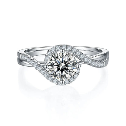 1ct round moissanite twisted band ring in 925 sterling silver with 18K white gold plating, elegant and modern engagement ring design.