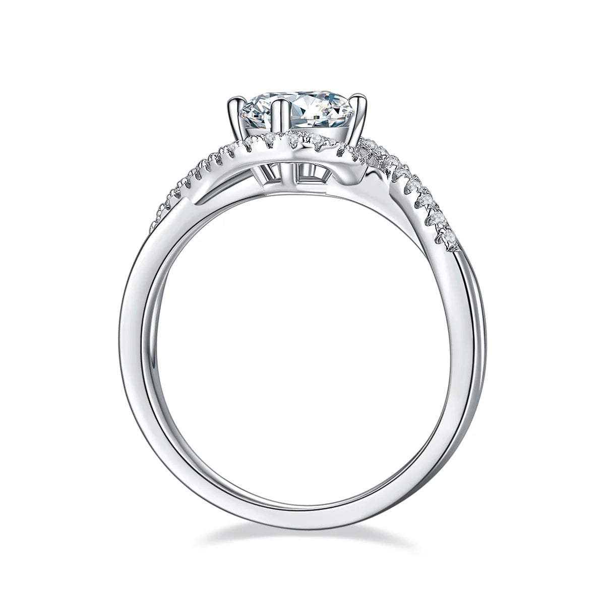 1ct round moissanite twisted band ring in 925 sterling silver with 18K white gold plating, elegant and modern engagement ring design.