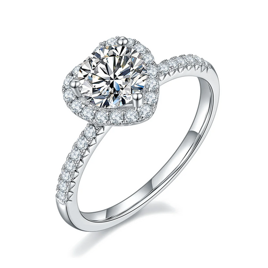 1ct round moissanite heart halo ring in 925 sterling silver with 18K white gold plating, romantic and elegant engagement ring.