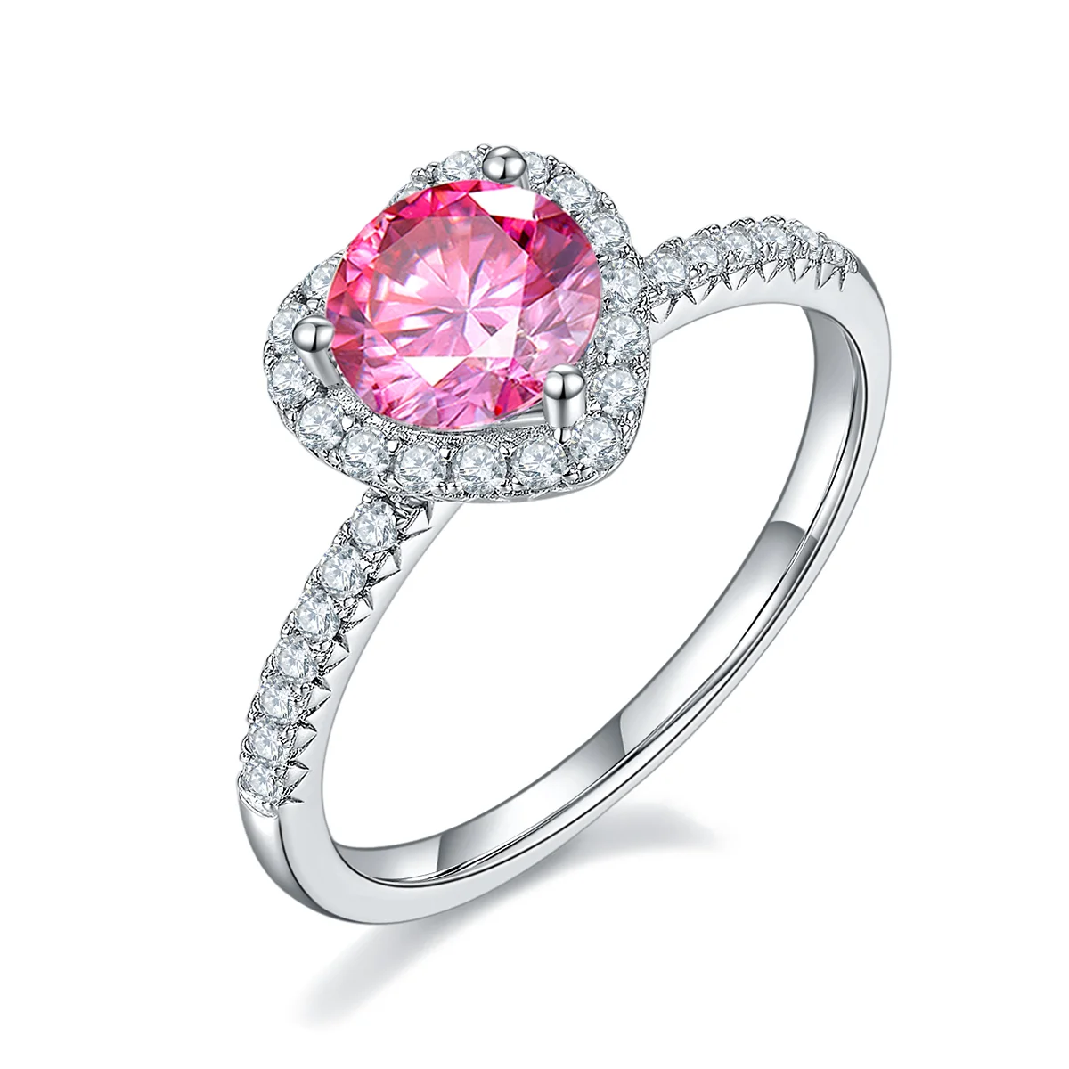 1ct round moissanite heart halo ring in 925 sterling silver with 18K white gold plating, romantic and elegant engagement ring.